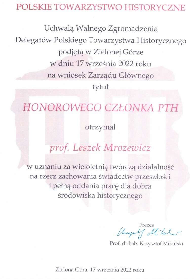 Profesor Leszek Mrozewicz członkiem honorowym Polskiego Towarzystwa Historycznego